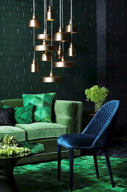 dark green and copper living room