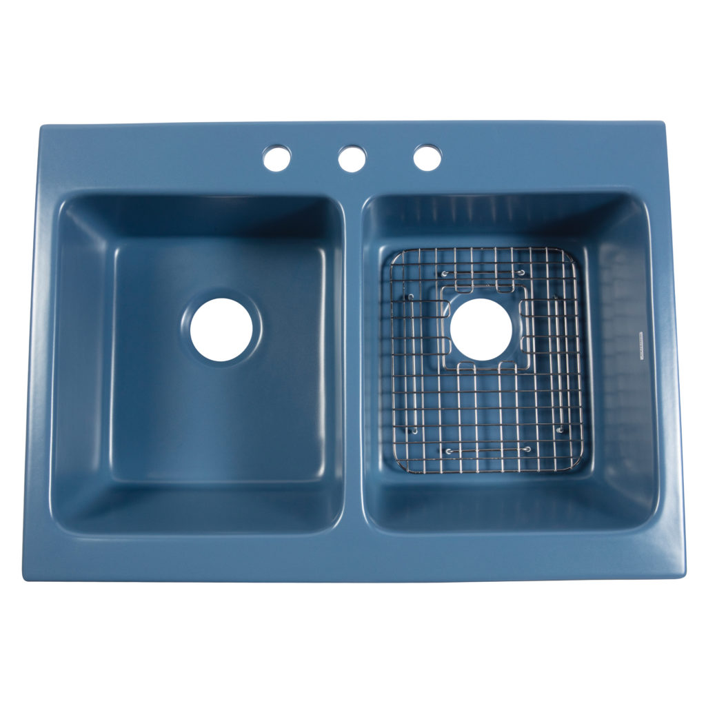 Parker 34 Quick Fit Drop In Farmhouse Fireclay Double Bowl Kitchen Sink In Oceanside Matte Blue 6636