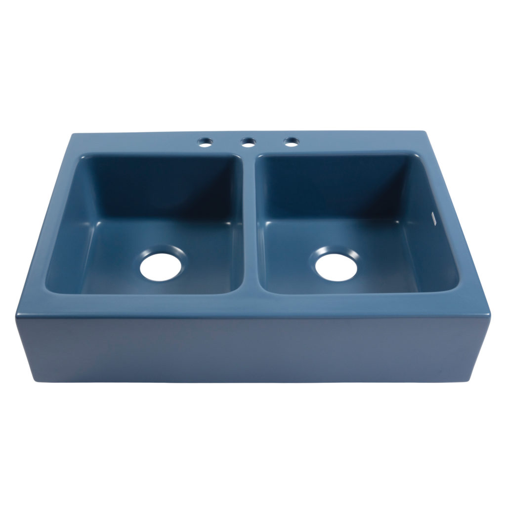 Parker 34 Quick Fit Drop In Farmhouse Fireclay Double Bowl Kitchen Sink In Oceanside Matte Blue 8144